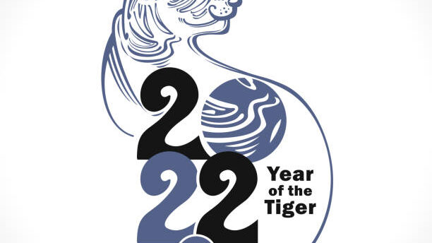 Year of Water Tiger 2022. Vector template. New Year on the Chinese calendar. Black Water Tiger Zodiac symbol. Chinese New Year. Vector illustration.